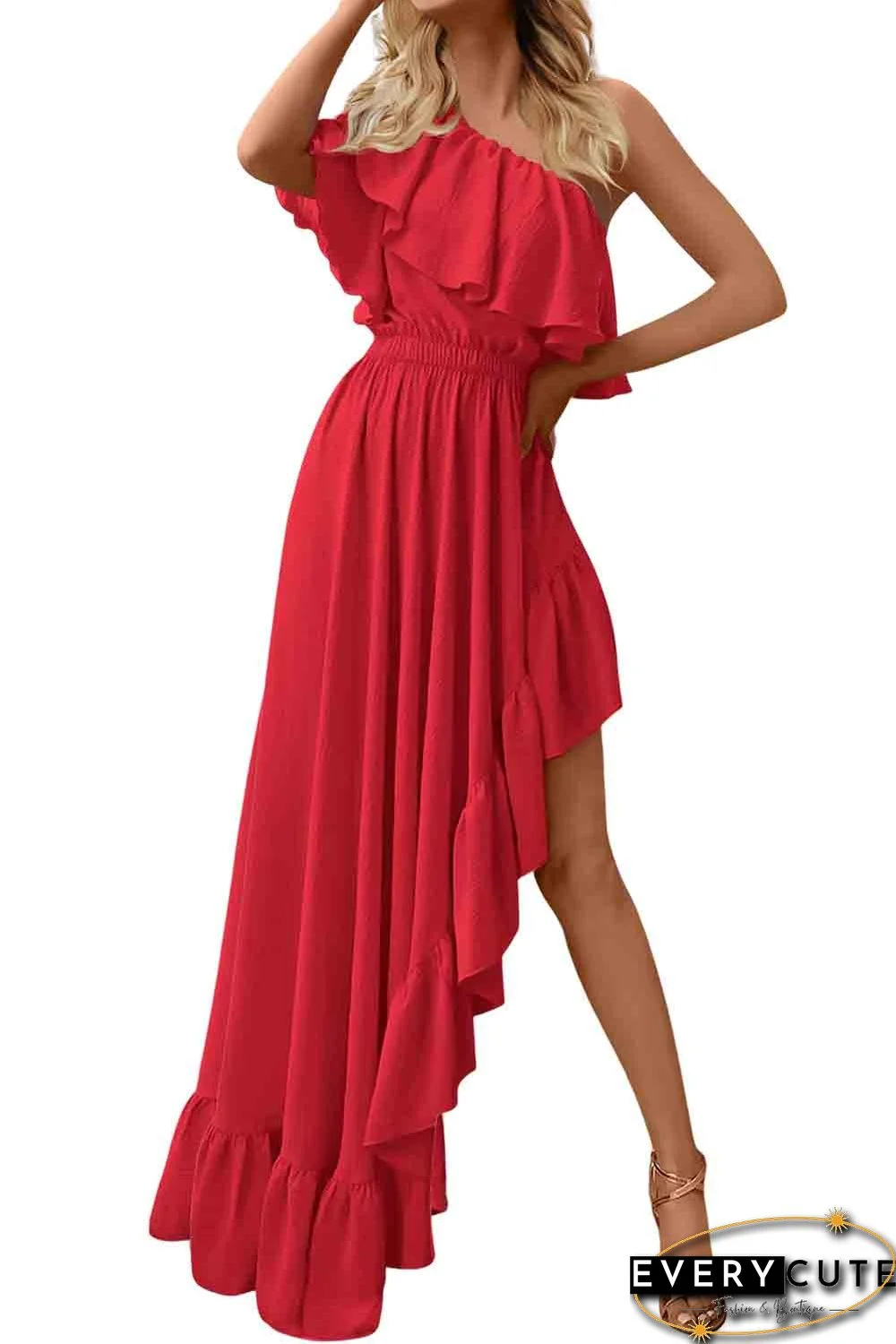 Red One Shoulder Ruffle High Low Maxi Dress
