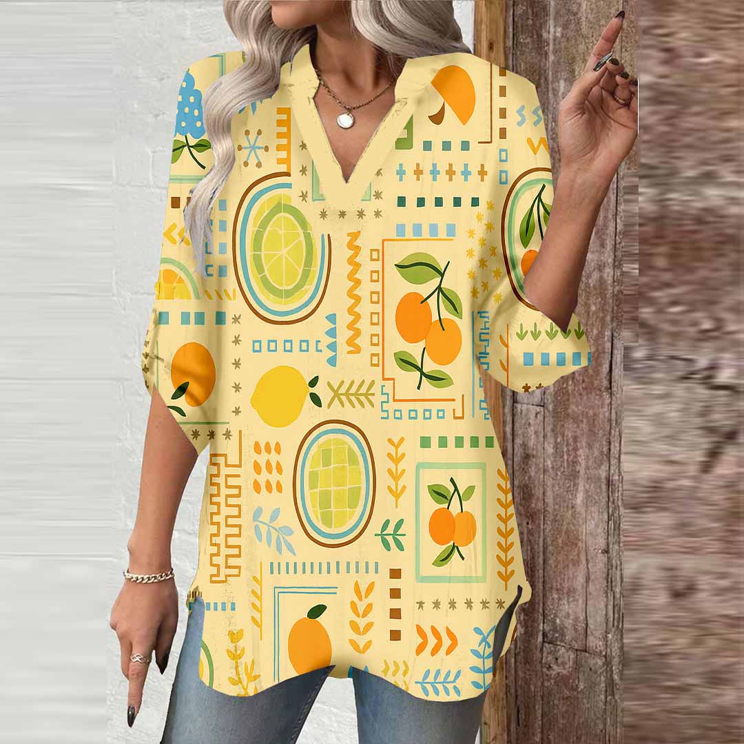 Women Fruit, Yellow DZGA0365 3/4 Sleeve V-neck Printed Graphic Button Tops