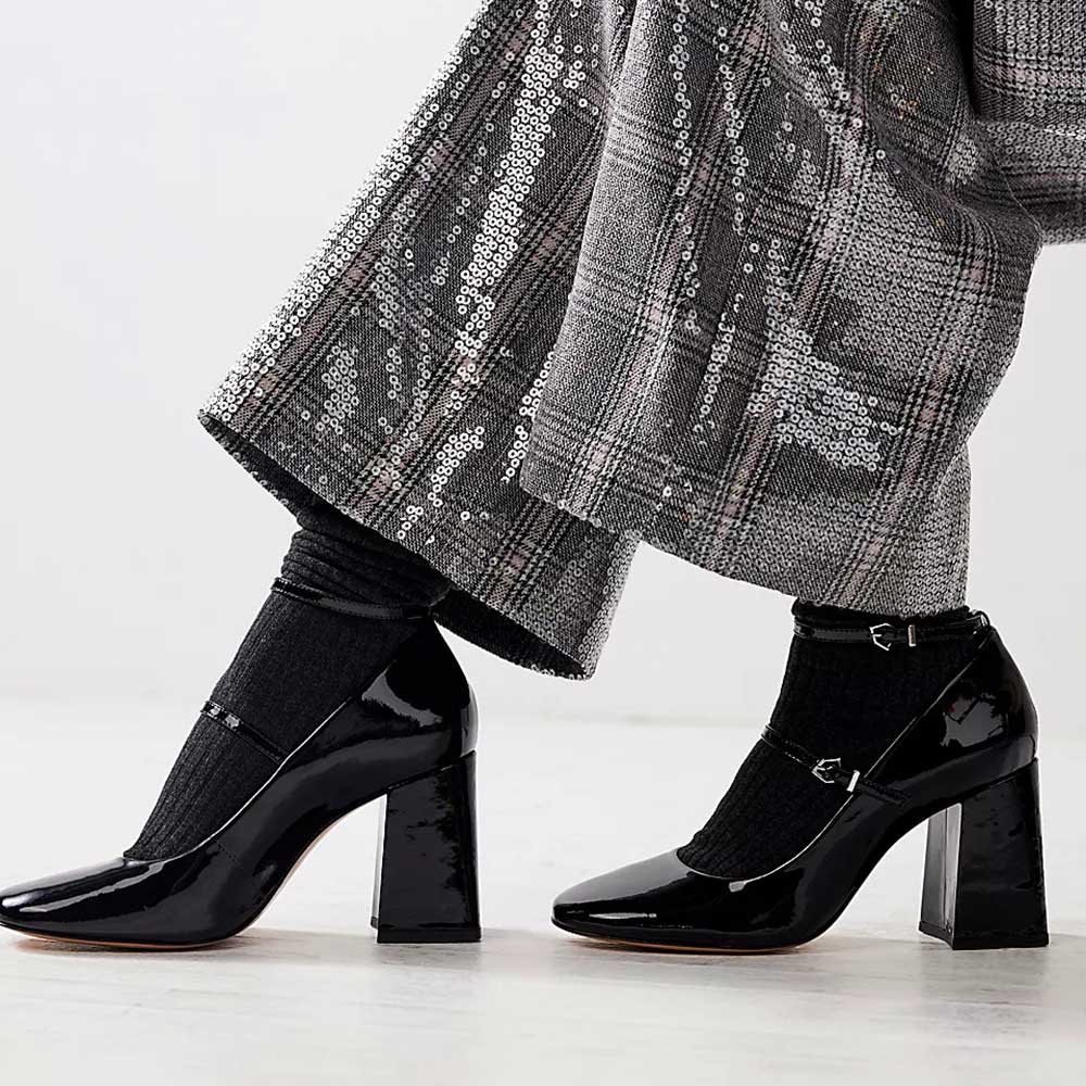 Black Round Toe 3'' Chunky Heel Buckled Strappy Mary Jane Pumps Nicepairs