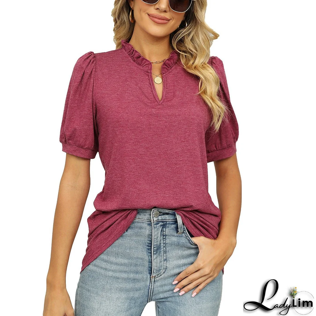 V-neck Shrink Pleated Short Sleeve Loose T-shirt Top For Women