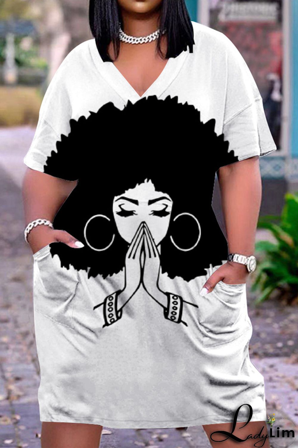 Tangerine Red Fashion Casual Print Basic V Neck Short Sleeve Dress