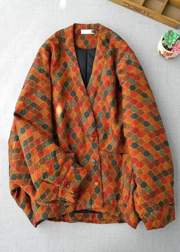 Retro Orange V Neck Print Fine Cotton Filled Jacket Batwing Sleeve
