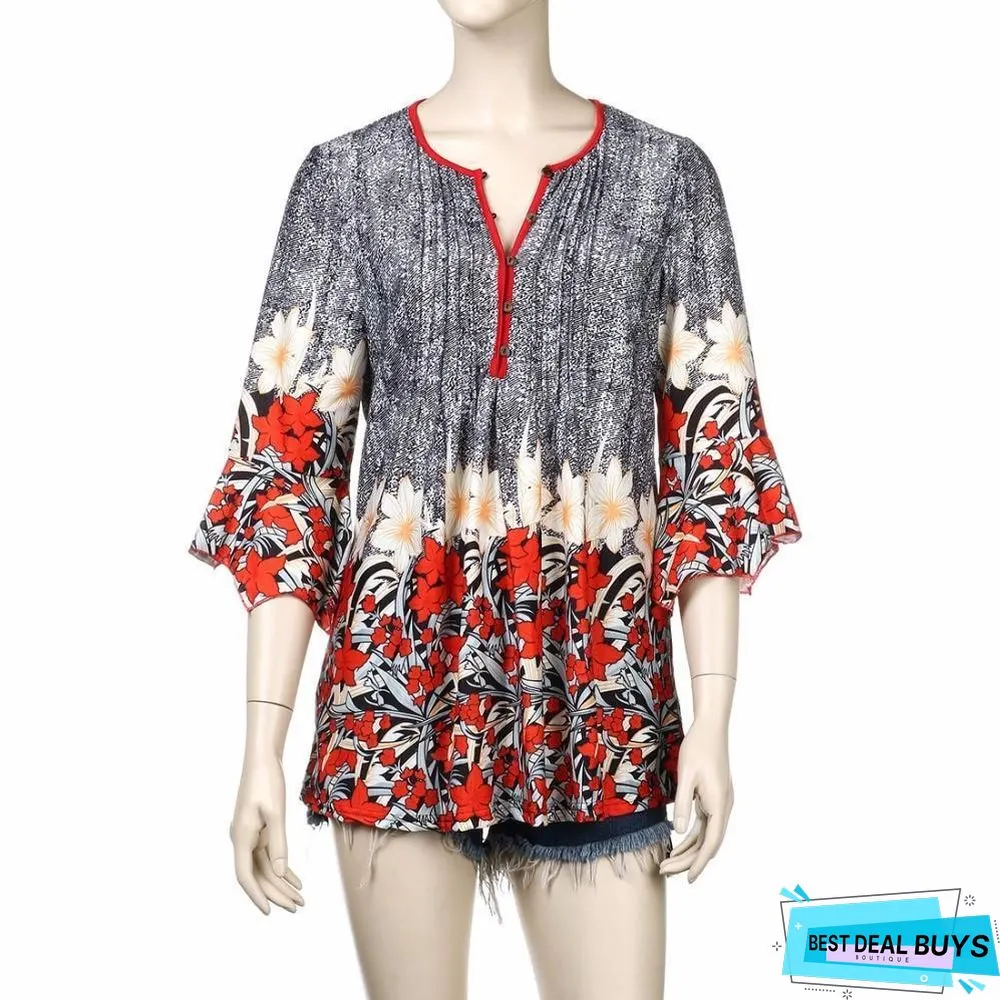 Women Plus Size Three Quarter Sleeve Floral Print Causal Loose Tunic Blouse Shirts