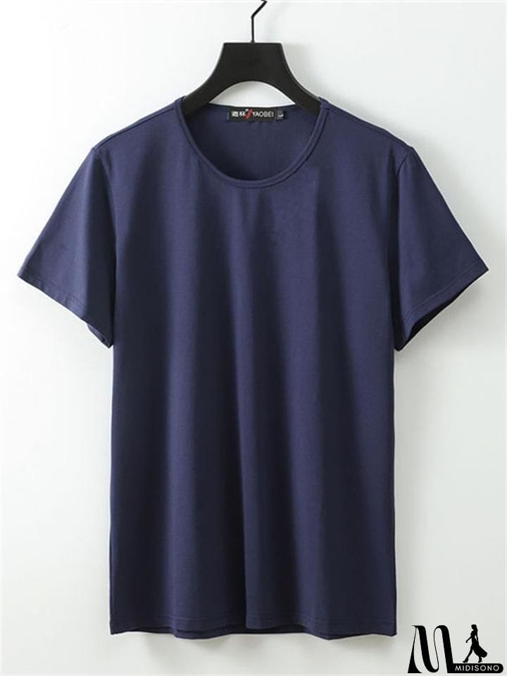 MidiSono - Men's Short Sleeve Solid Color Round Neck Cotton T-Shirt