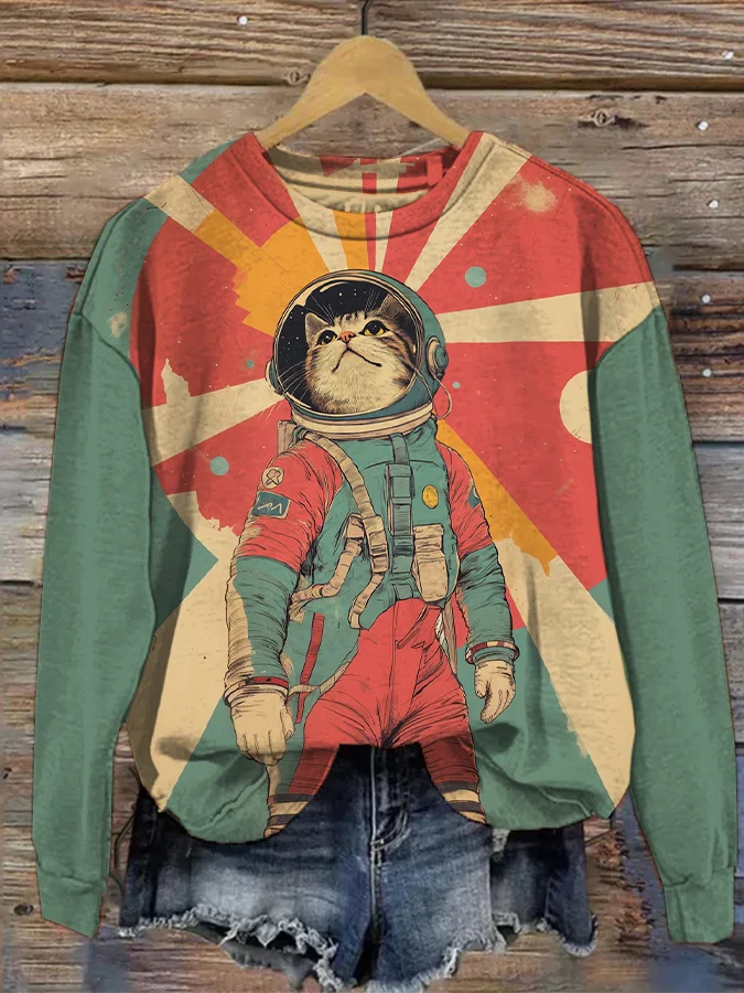 Women's Legendary Cat Astronaut Color Block Art Print Cozy Sweatshirt