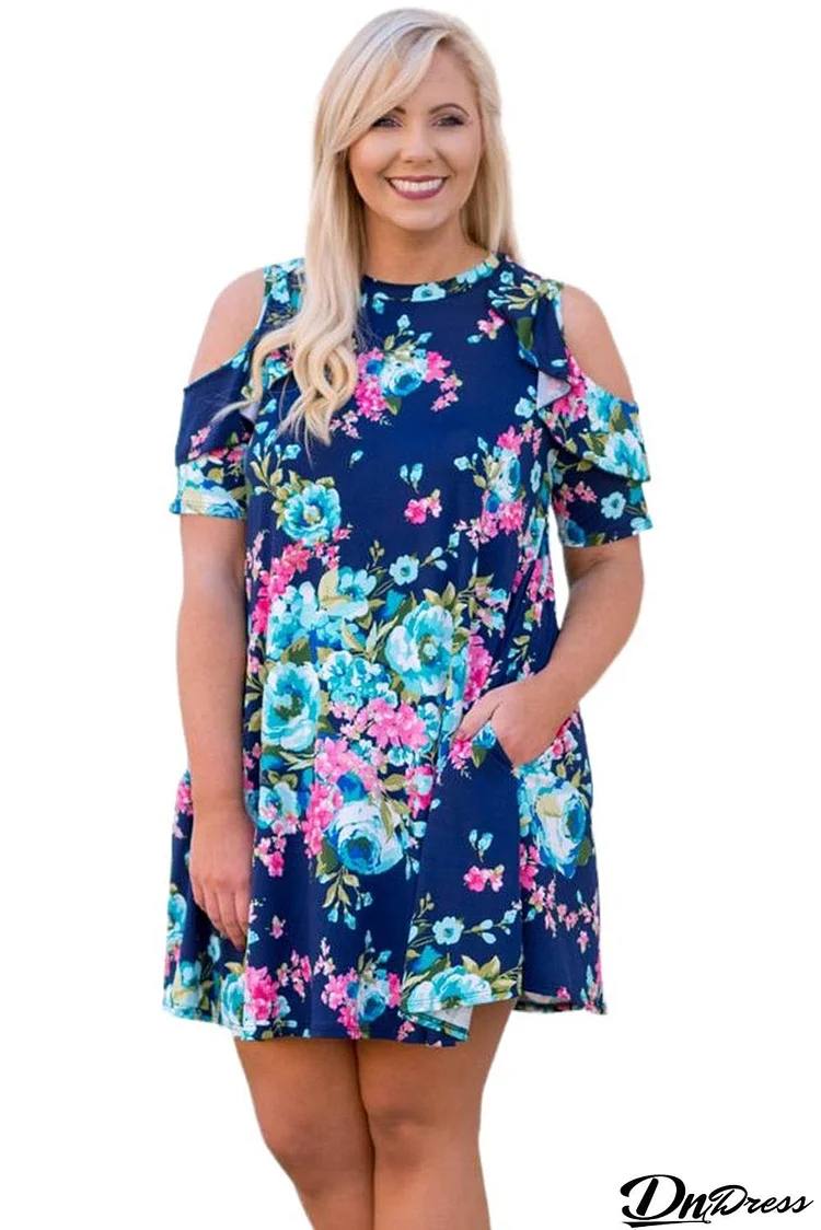 Floral Plus Size Cold Shoulder Ruffle Pocket Mini Dress