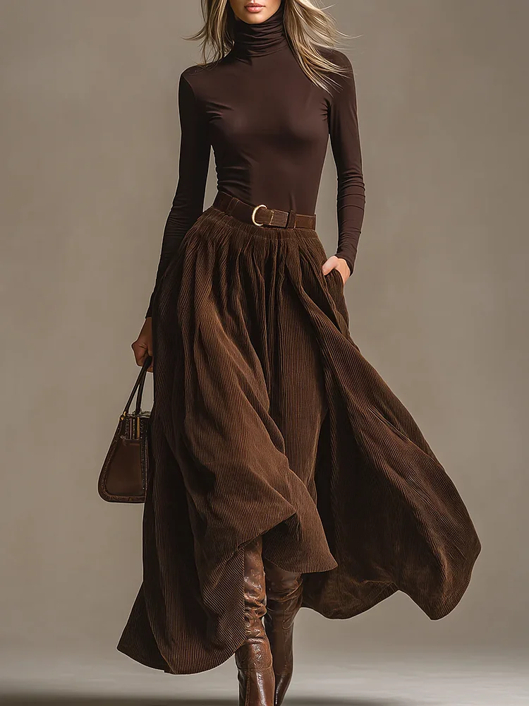 Dark Brown Turtleneck Top And Corduroy Skirt Set