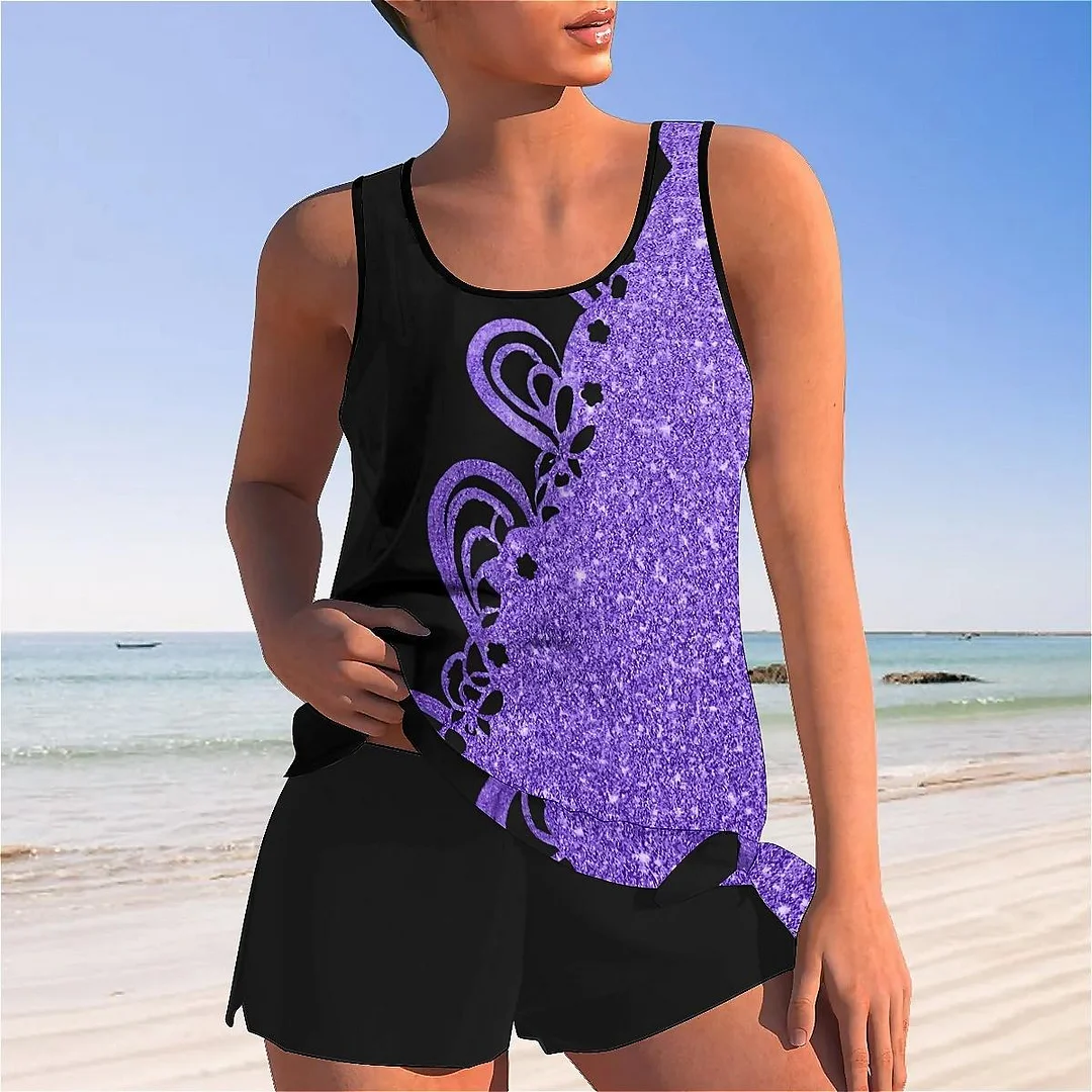 Bowknot Purple,Floral,Glitter Mid Waisted Tankini Set - Plus Size Available