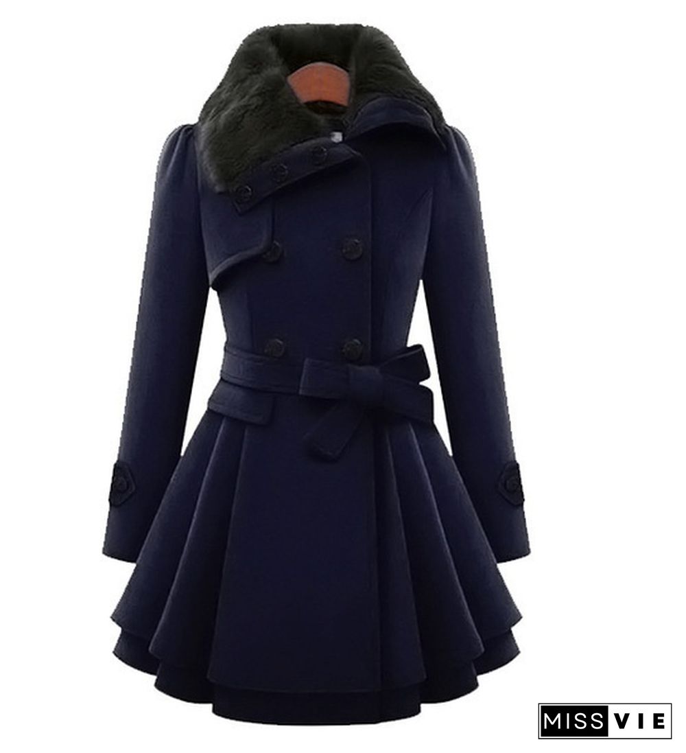 Winter Coat Womens Wool Blend Jacket Warm Lady Fur Collar Peacoat Woolen Jackets Plus Size