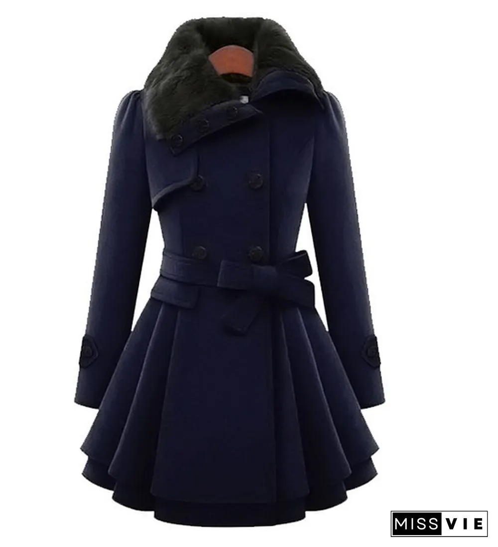 Winter Coat Womens Wool Blend Jacket Warm Lady Fur Collar Peacoat Woolen Jackets Plus Size