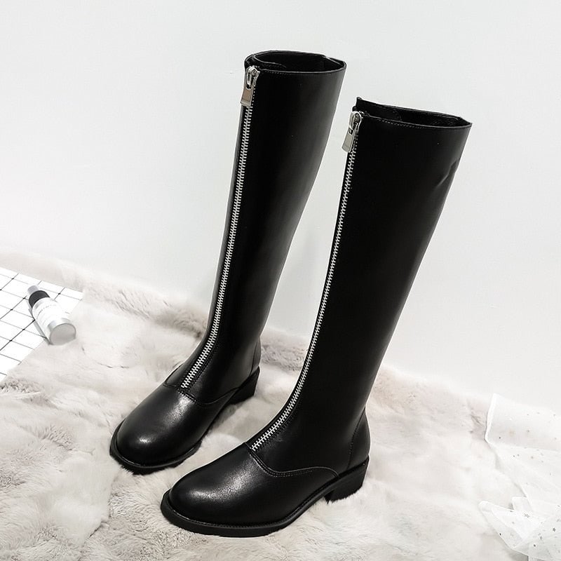 Knee Length Boots Front Zipper Chunky Heels Leather Boots