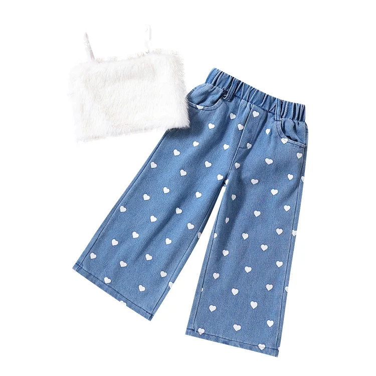 Kid Fluffy Cami and Denim Pant Outfit