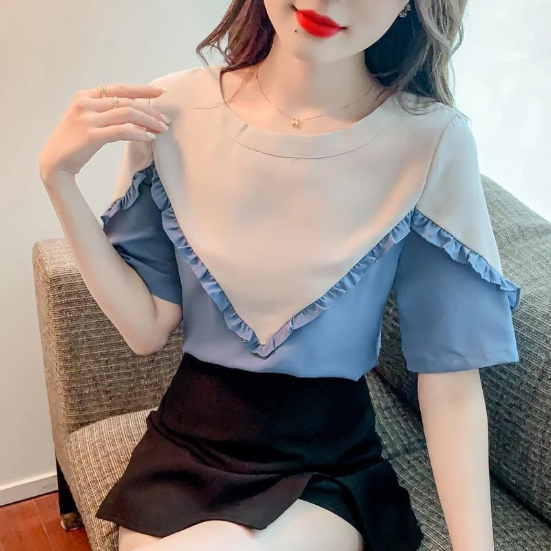 Jangj Women Round Neck Short Sleeve Korean Style Elegant Chiffon Trendy Female Top All-match Summer Popular Ruffles Blouse 2022