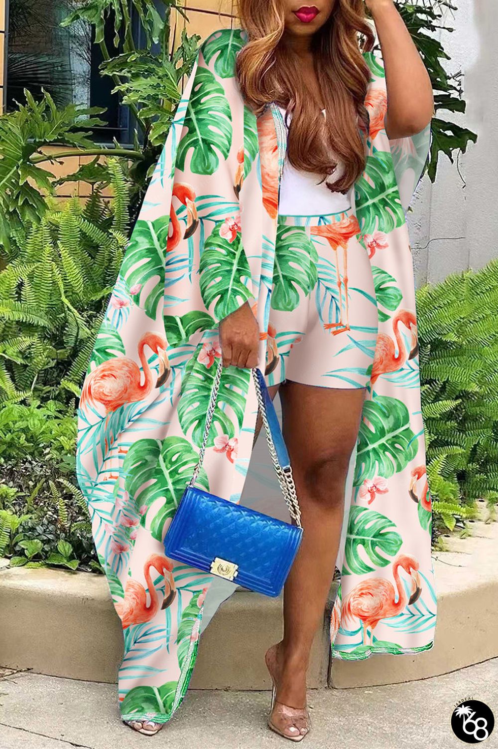 Light Pink Casual Vacation Print Printing Cardigan Collar Long Sleeve Two Pieces | 168DEAL