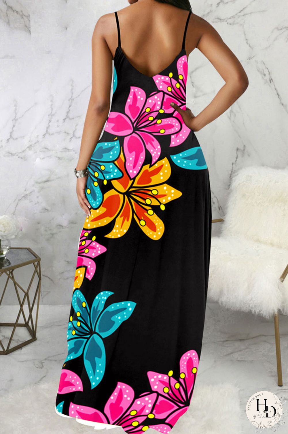 Blue Black Casual Print Patchwork Spaghetti Strap Sling Dress Dresses