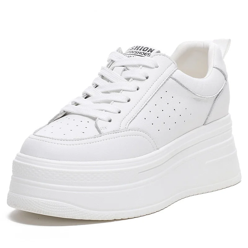 Fujin 8cm Genuine Leather Women Casual Shoes Chunky Sneakers Platform Wedge Hidden Heel Women Leisure Shoes Spring Autumn White