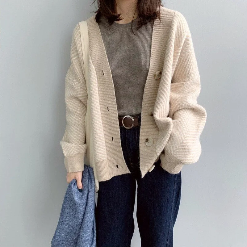 Knitted Cardigan Women Casual Oversize Striped Sweater Female Loose Cardigan Tops Button Up V Neck Patchwork Casaco Feminino