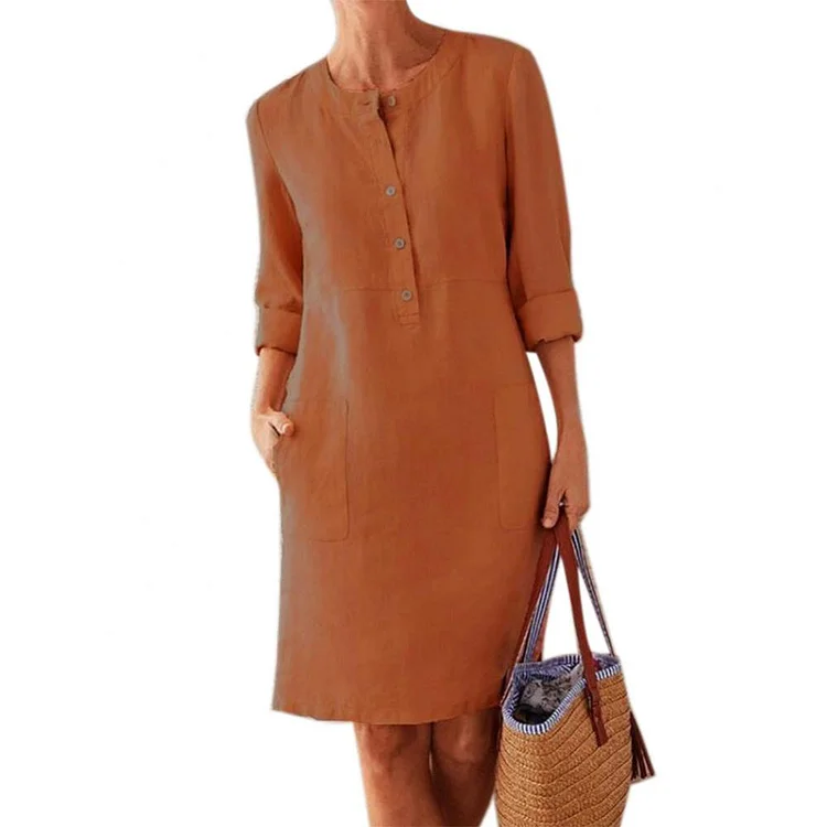 Cotton Linen Loose Casual Long Sleeve Button Pocket Dress
