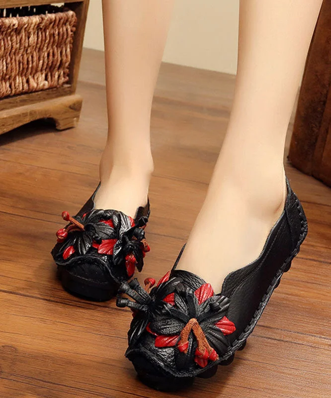 Handmade Cowhide Leather Flat Shoes For Women Floral Splicing Flat Feet Shoes