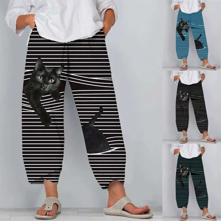 Black Cat Print Striped Patchwork Elastic Waist Plus Size Pants