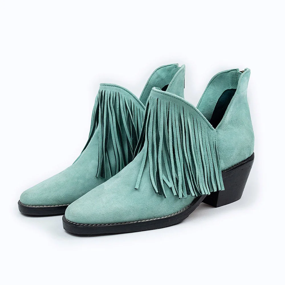 Turquoise Round Toe Fringe Decor Chunky Heel Ankle Boots for Women
