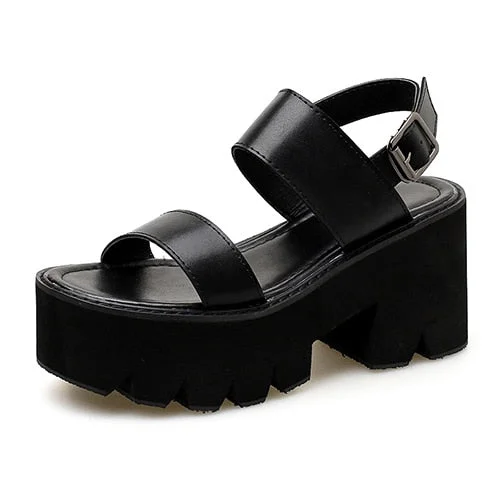 Vstacam Block Heels Sandals Woman Open Toe Platform Shoes Casual Female Ankle Strap Black Leather Ladies Footwear On Summer 2022