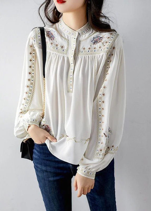 Fitted White Stand Collar Wrinkled Print Chiffon Shirts Long Sleeve