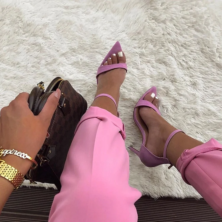 Pink Vegan Suede Stiletto Heels Ankle Strap Sandals for Women |FSJ Shoes