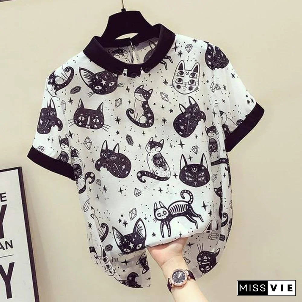 Cat Print Summer New Slim Top Vintage White Black Chiffon Shirt Women Blouses Casual Short Sleeve White Tops Blusas Mujer