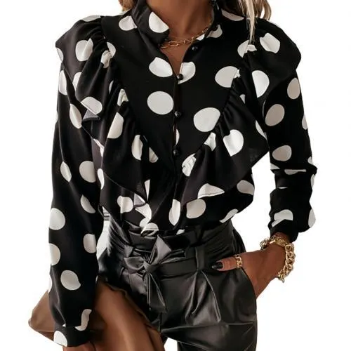Women New Fashion Elegant V Neck Ruffle Dot Print Long Sleeve Blouse Office Pullover Shirt Office Blouse Slim Casual Top S-3XL