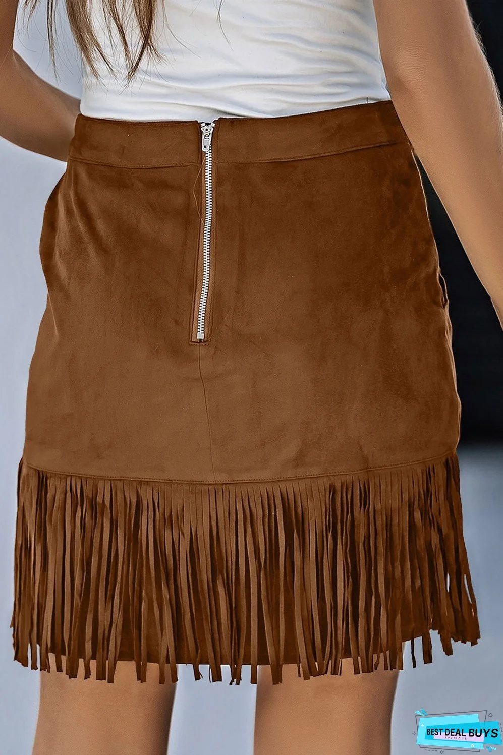 Fringe Detail Zip-Back Skirt with Pockets
