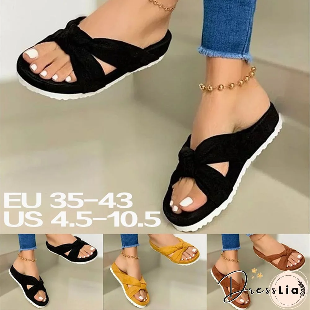 Women Casual Slip on Sandals Beach Shoes with Suede Bow Female Open Toe Platform Slippers Daily Comfortable Flip Flops