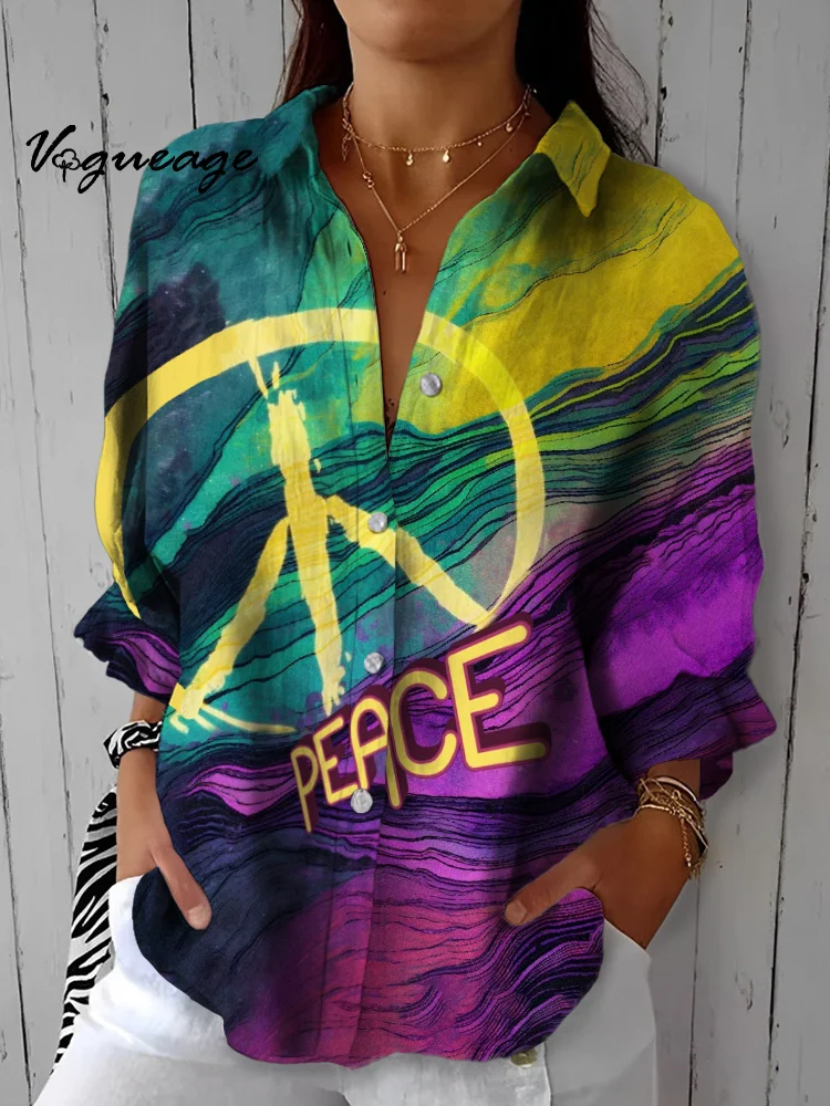 Fashion Colorful Stripes Peace Printed Cotton And Linen Shirt