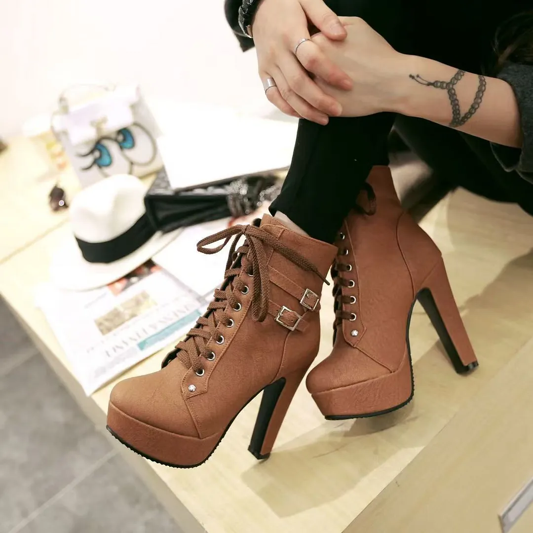 Breakj Breakj Cross-Tie Martin Boots Boots High Heel Women's Shoes Waterproof Belt Buckle Low-Spring Women's Boots