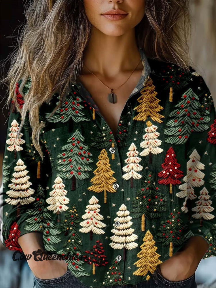 Women&rsquo;s Christmas Tree Vintage Print Casual Long Sleeve Comfortable Cotton Shirt Multicolor / S