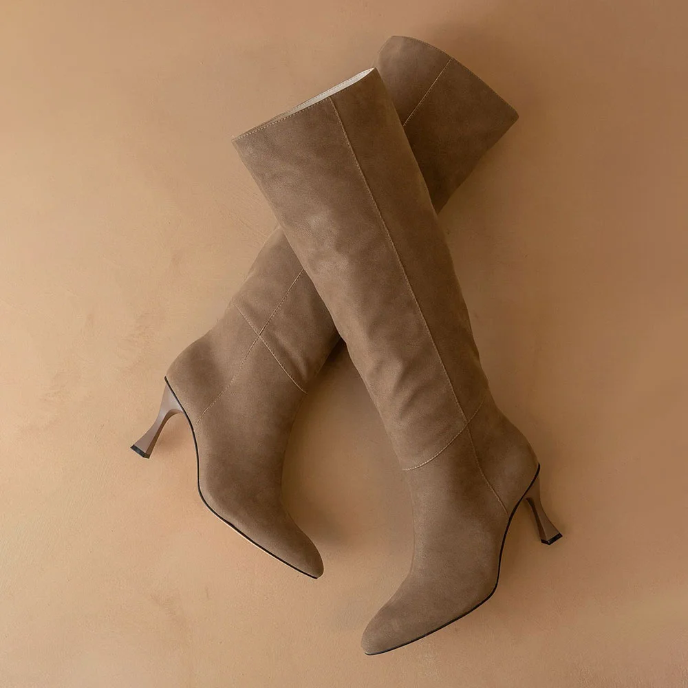 Vegan Suede Pointed Toe Flared Heel Tall Boots for Women in Dark Taupe