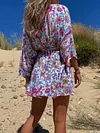 Plunging Floral Printed Batwing Sleeves Mini Dress