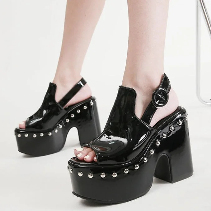 Vstacam Peep Toe Platform High-Heeled Shoes Women Sexy Rivet Black Gothic Style Mules Shoes Women Block Heel Summer Sandals Cool