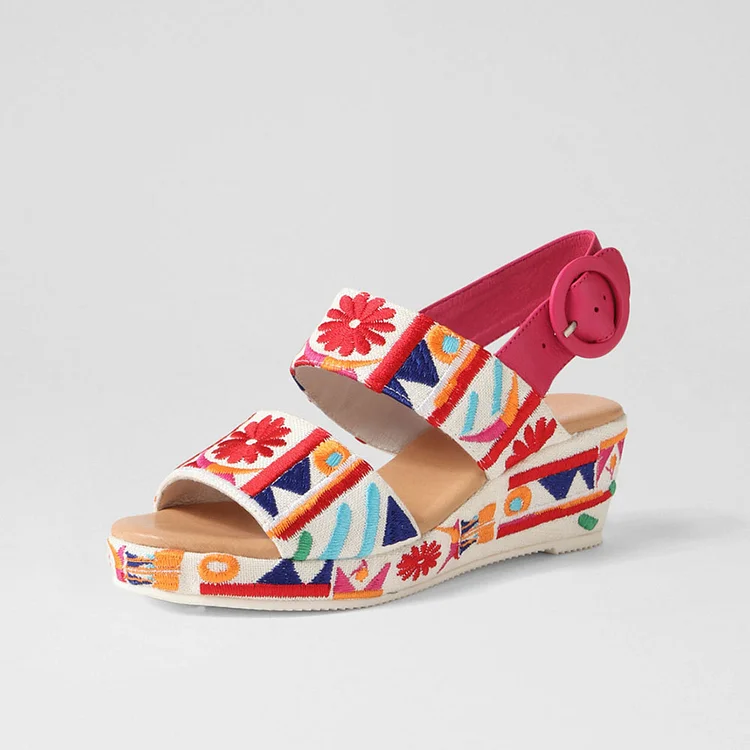 Multicolor Open Toe Embroidered Slingback Platform Sandals with Wedge |FSJ Shoes