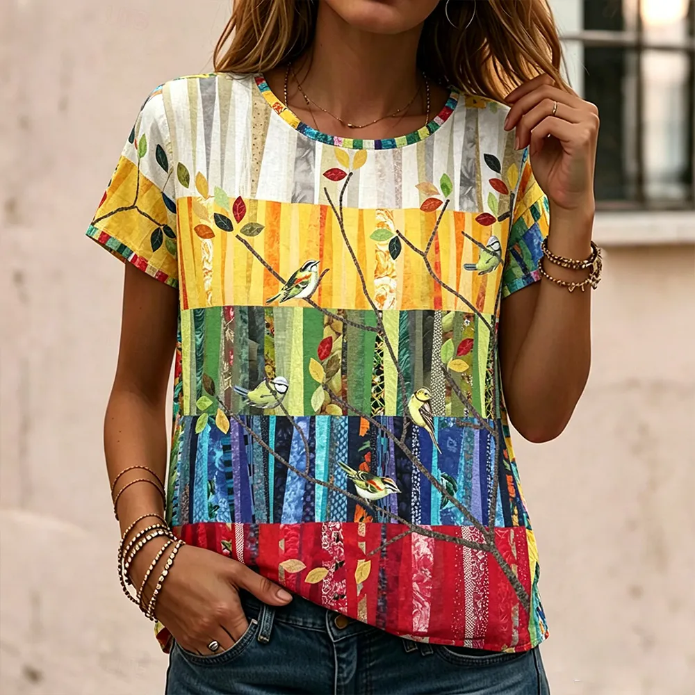 Comstylish Women's Hippie Style Colorful Plant Floral Patchwork Art Cotton And Linen Short Sleeve Top