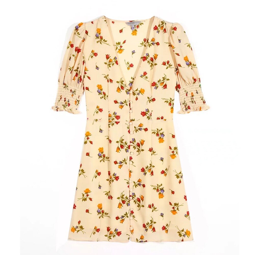Applyw dropshipping Women french front buttons floral print mini dress chic v neck short sleeve female dreesses vestidos mujer