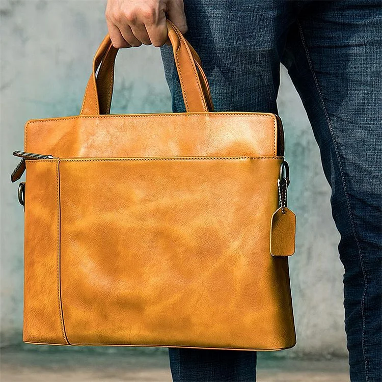 Men's Genuine Leather Casual Business Handbag Solid Color Crossbody Bag