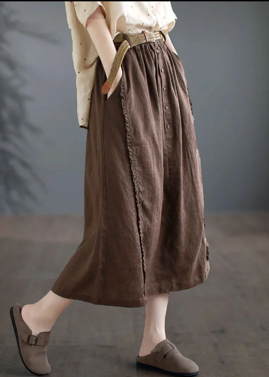 Casual Coffee Ruffled Pockets Patchwork Linen Skirts Summer