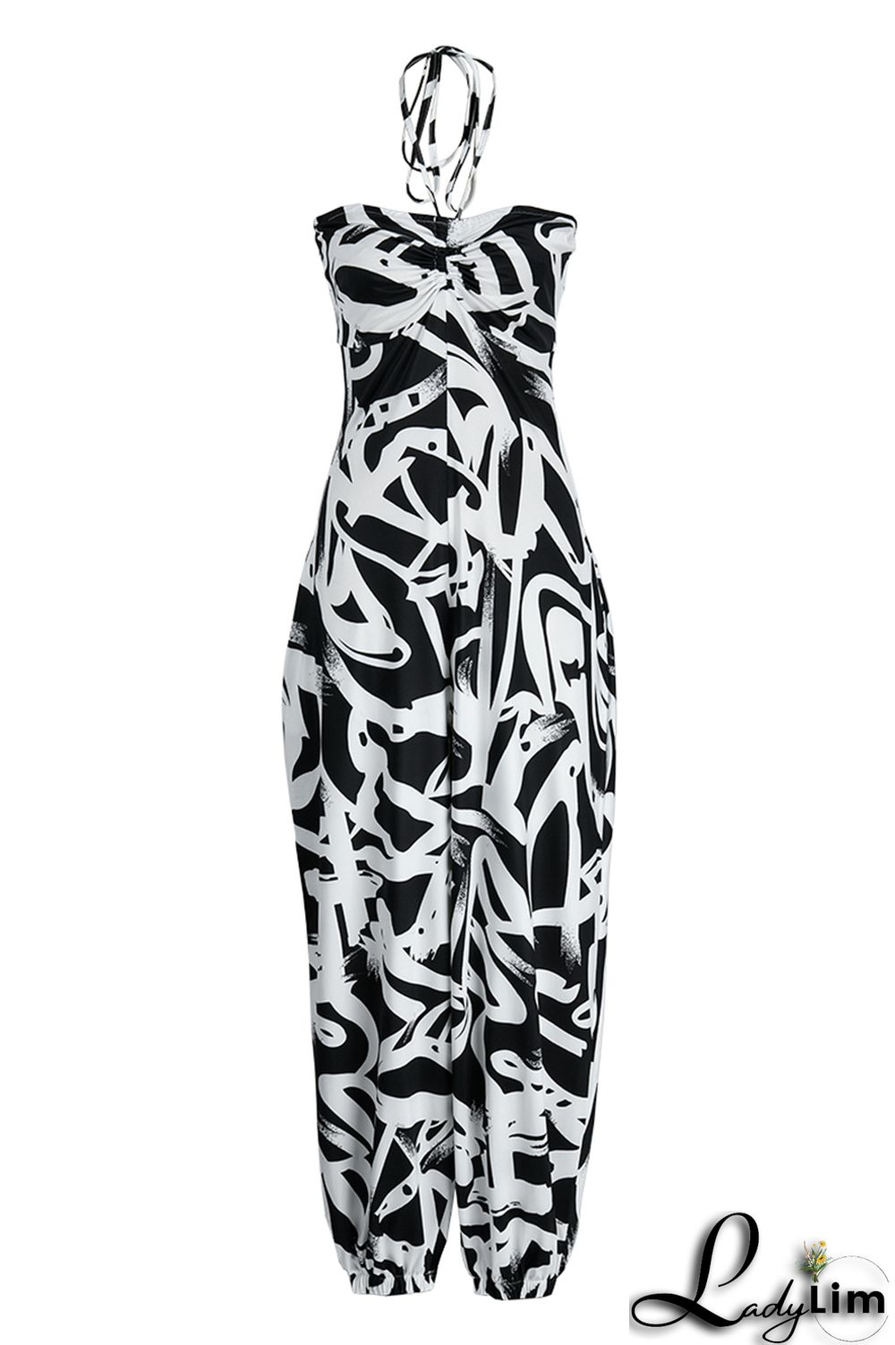Blue Fashion Sexy Casual Print Backless Strapless Regular Jumpsuits