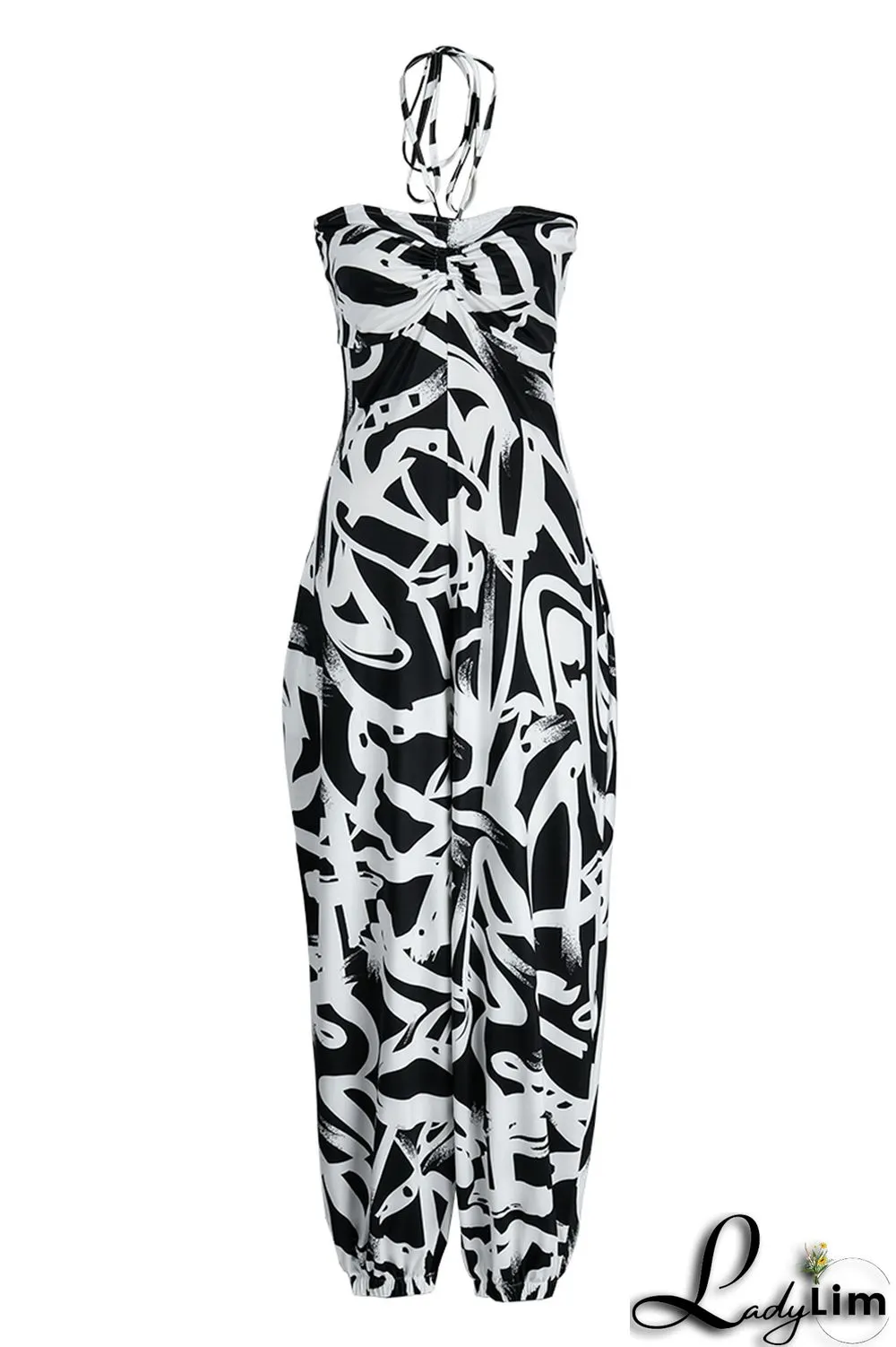 Blue Fashion Sexy Casual Print Backless Strapless Regular Jumpsuits