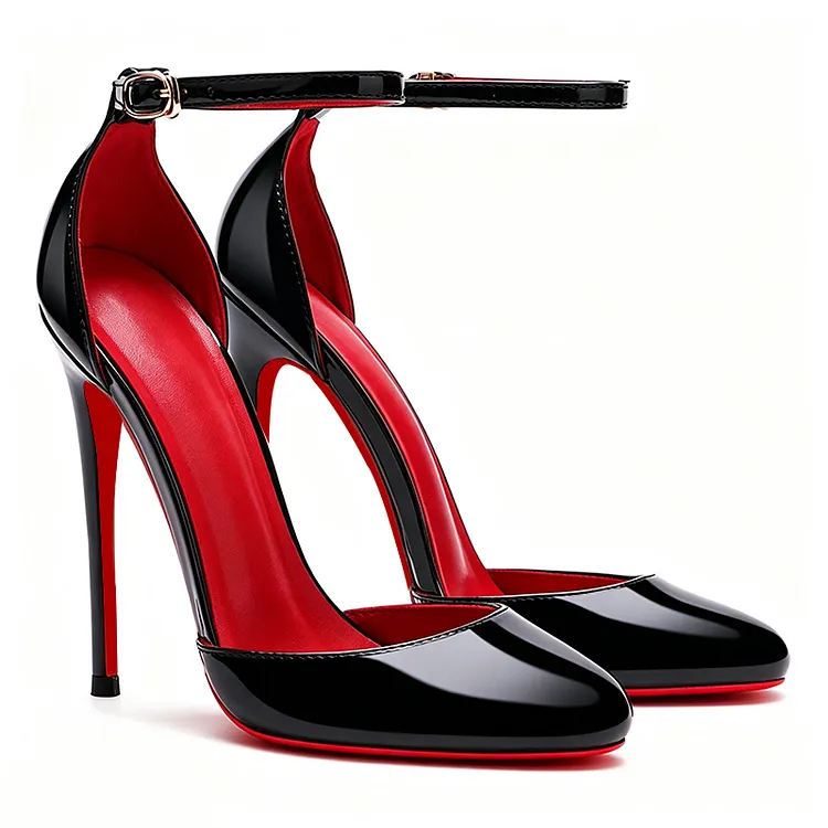 120mm Round Toe Ankle Strap Stiletto High Heels, Glossy Patent Leather Red Bottom Heeled Sandals for Women Vocosi VOCOSI
