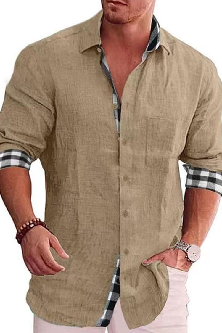 Solid Color Checked Long Sleeve Shirt