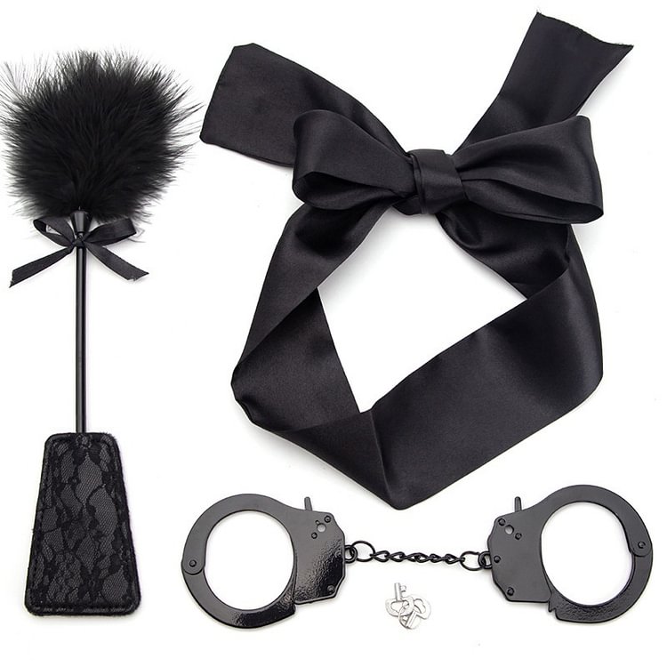 Black handcuffs lace blindfold erotic feather beat three sets