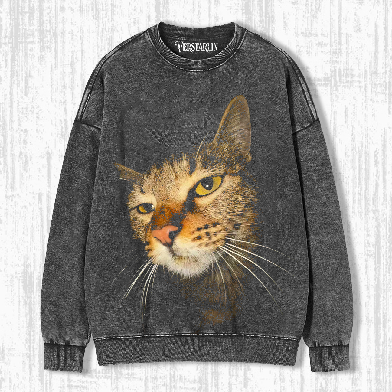 Vintage Washed Cat Print Crewneck Long Sleeve Sweatshirt