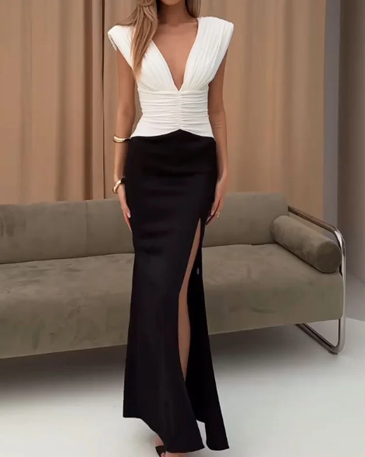 Deep V contrast sexy dress